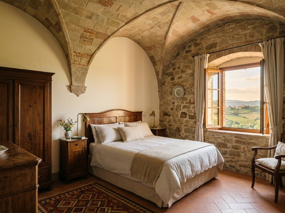 Klimatyczny pokój w średniowiecznym hotelu w San Gimignano. Zdjęcie wygenerowane przez AI.