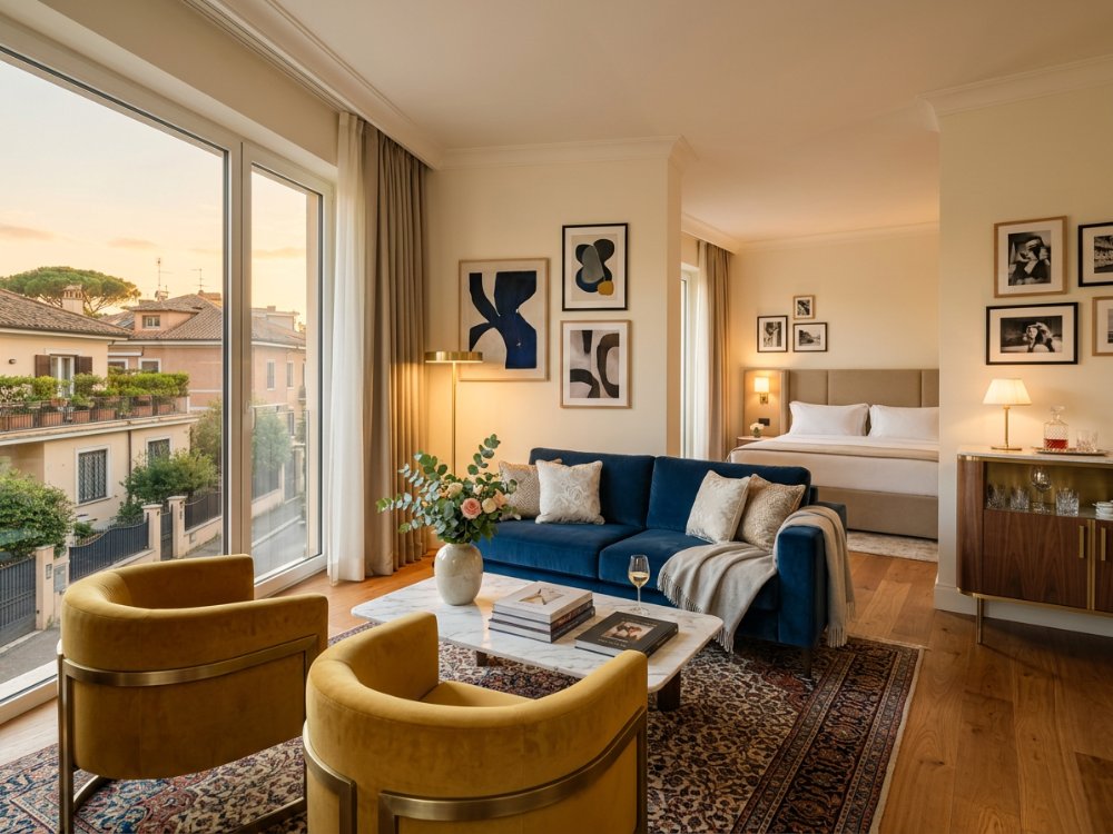 Luksusowy apartament w butikowym hotelu w Rzymie. Zdjęcie wygenerowane przez AI.