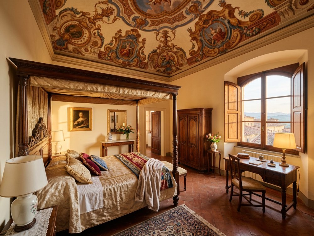 Luksusowy apartament w historycznym pałacu w Sienie. Zdjęcie wygenerowane przez AI.