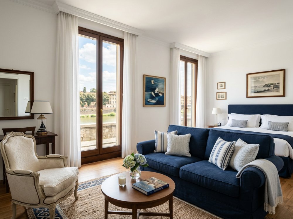 Luksusowy apartament w hotelu nad rzeką Arno we Florencji. Zdjęcie wygenerowane przez AI.