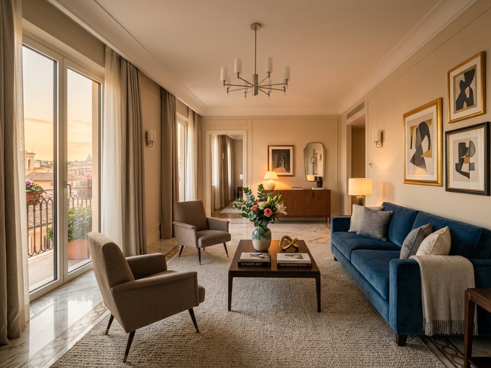 Luksusowy apartament w hotelu w Rzymie. Zdjęcie wygenerowane przez AI.