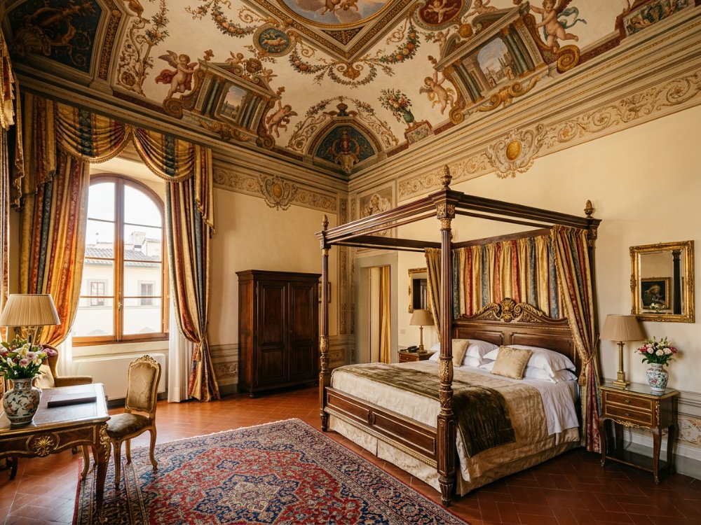 Luksusowy apartament w renesansowym pałacu we Florencji. Zdjęcie wygenerowane przez AI.