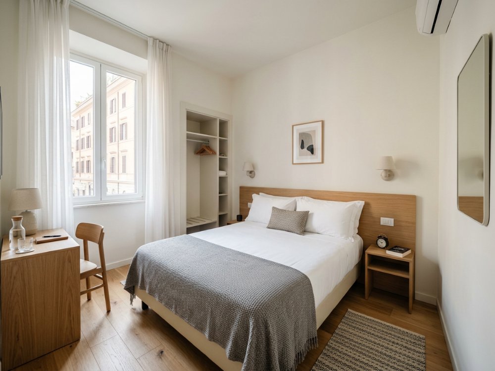 Nowoczesny pokój w kameralnym hotelu w Rzymie. Zdjęcie wygenerowane przez AI.