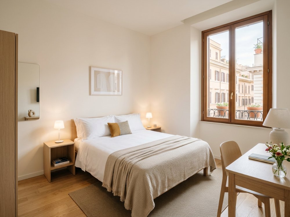 Prosty pokój w hotelu w Rzymie. Zdjęcie wygenerowane przez AI.