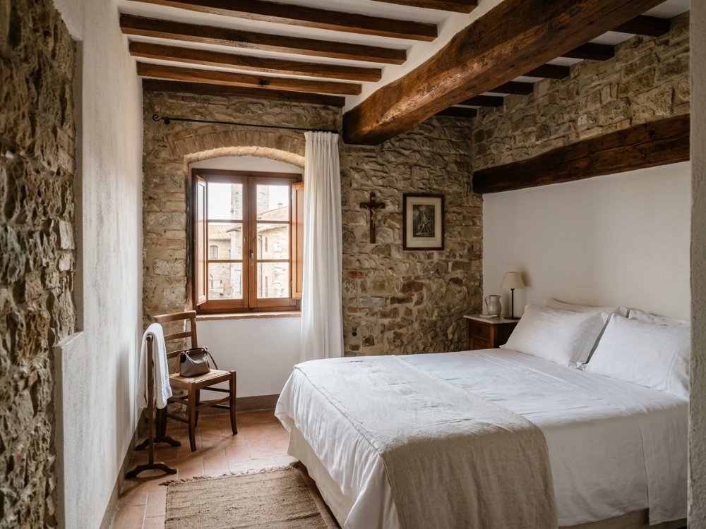 Prosty pokój w zabytkowym budynku w San Gimignano. Zdjęcie wygenerowane przez AI.