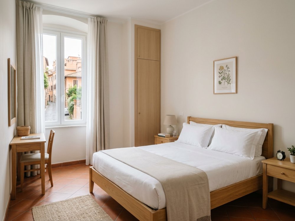 Prosty, zadbany pokój w hotelu przy Watykanie. Zdjęcie wygenerowane przez AI.