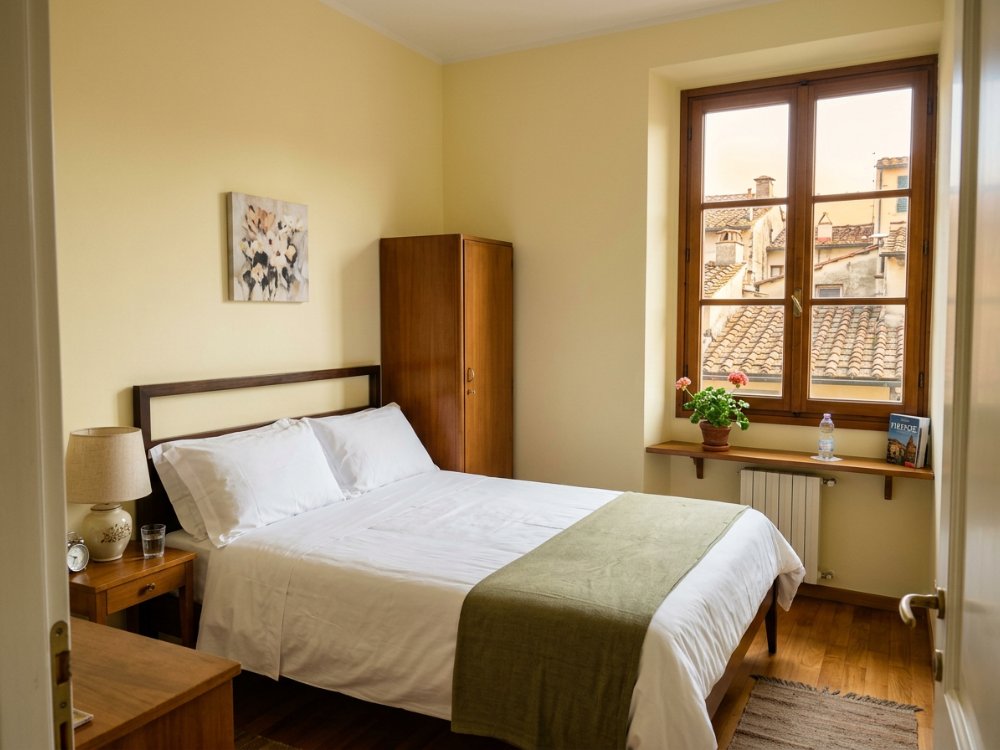 Prosty, zadbany pokój w hotelu we Florencji. Zdjęcie wygenerowane przez AI.