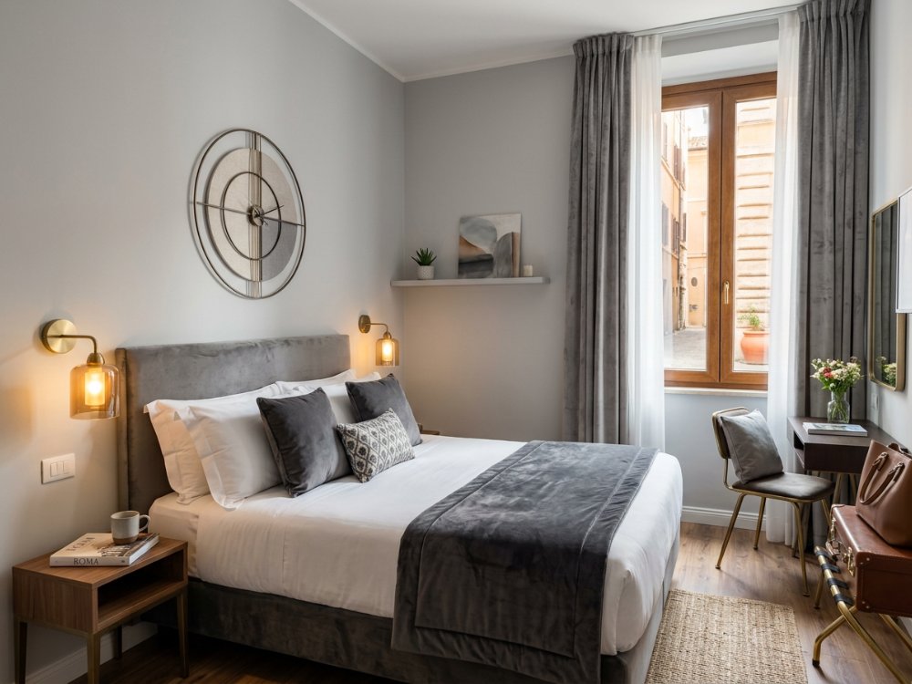 Stylowy pokój w butikowym hotelu w Rzymie. Zdjęcie wygenerowane przez AI.