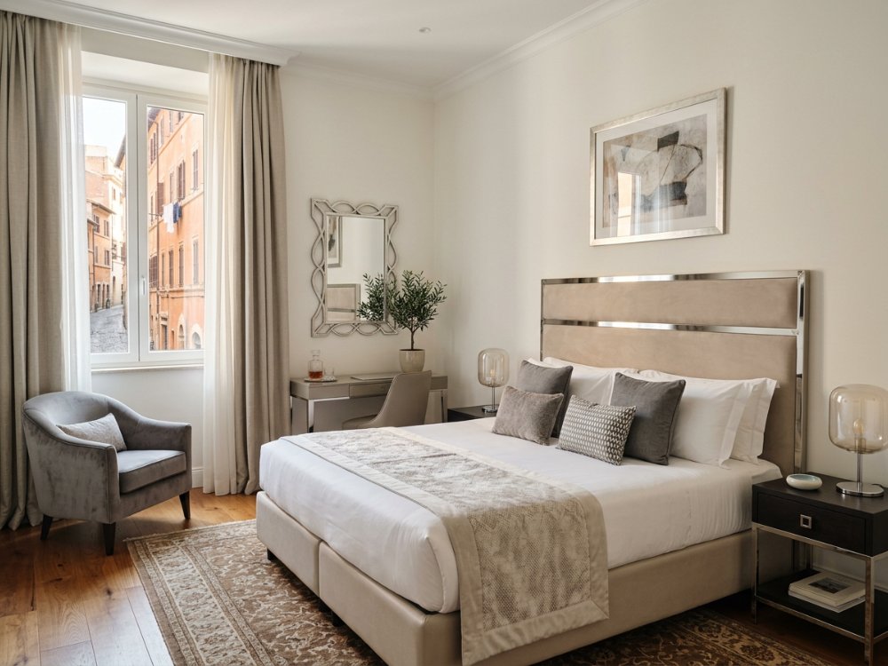 Stylowy pokój w butikowym hotelu w Rzymie. Zdjęcie wygenerowane przez AI.