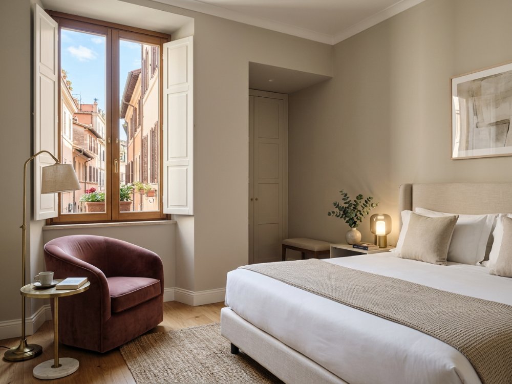 Stylowy pokój w butikowym hotelu w Rzymie. Zdjęcie wygenerowane przez AI.