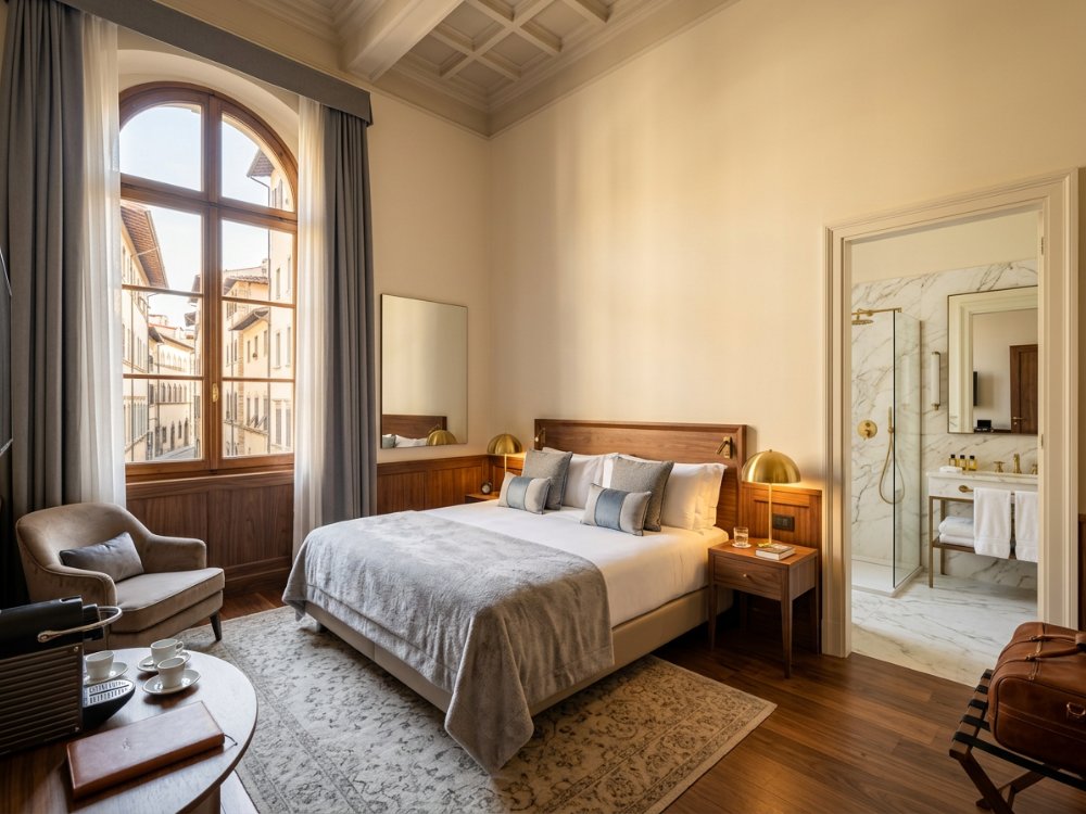 Stylowy pokój w butikowym hotelu we Florencji. Zdjęcie wygenerowane przez AI.
