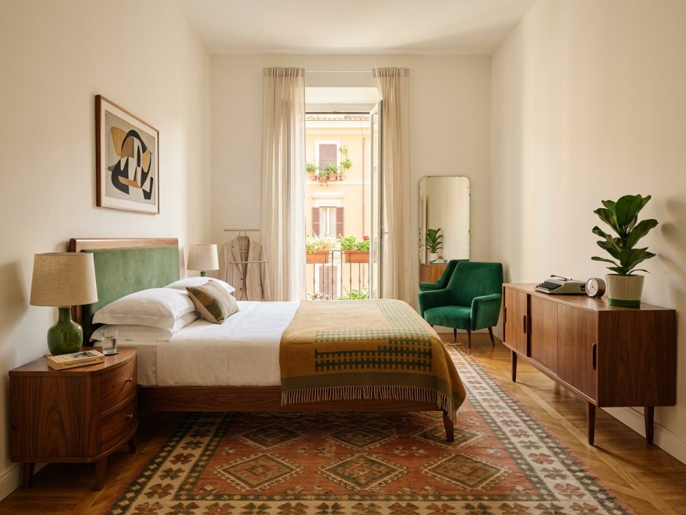 Stylowy pokój w designerskim hotelu w Rzymie. Zdjęcie wygenerowane przez AI.
