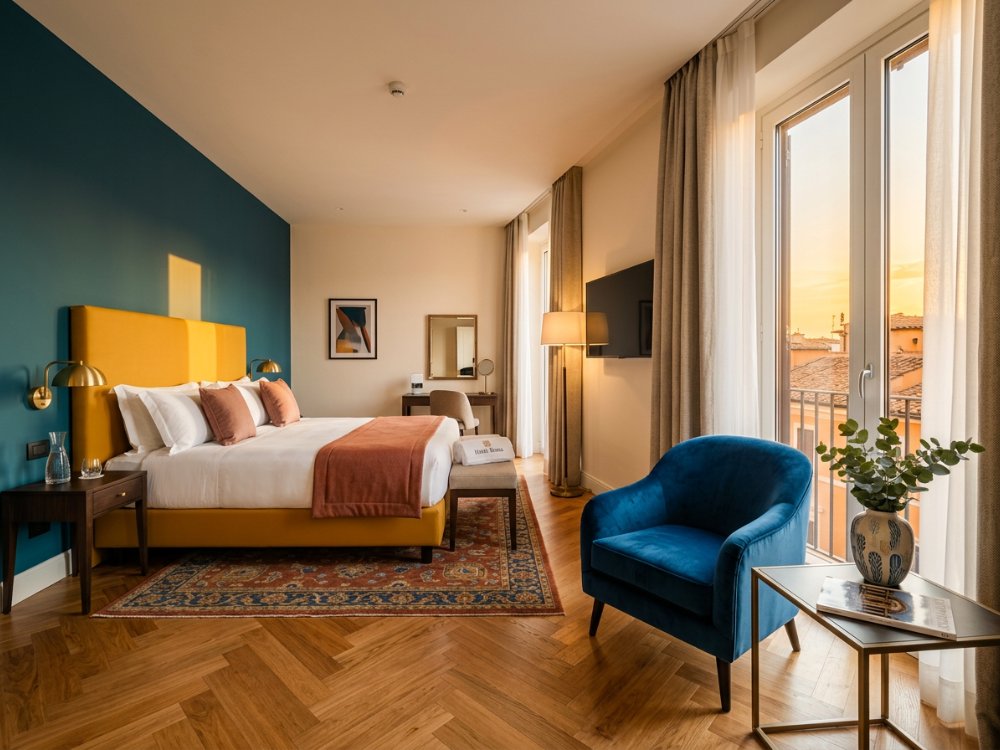 Stylowy pokój w hotelu w Rzymie. Zdjęcie wygenerowane przez AI.