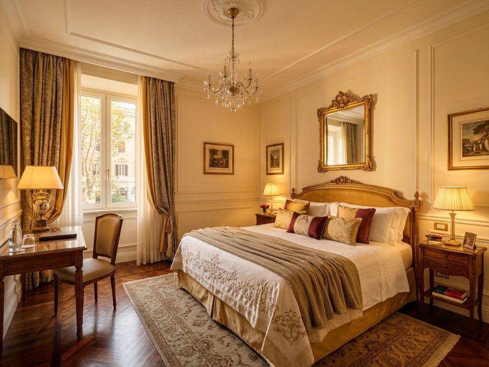 Elegancki pokój w luksusowym hotelu w Rzymie. Zdjęcie wygenerowane przez AI.