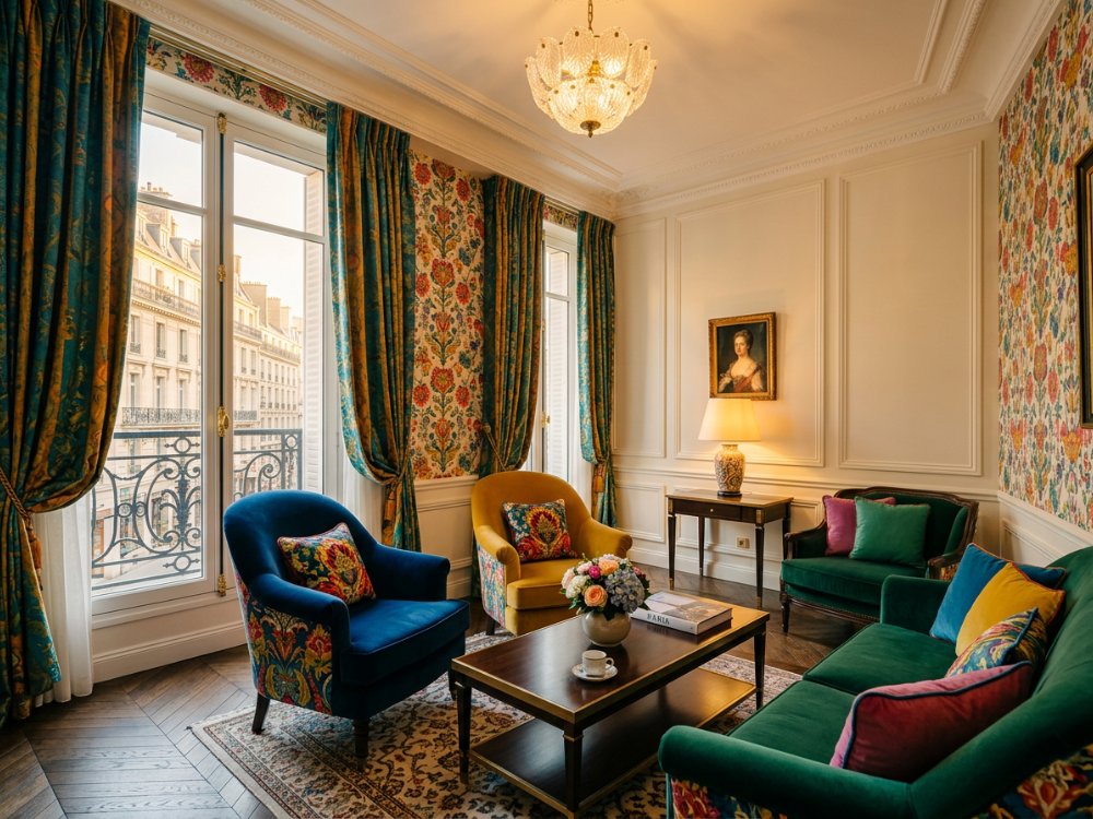 Luksusowy apartament w designerskim hotelu w Paryżu. Zdjęcie wygenerowane przez AI.
