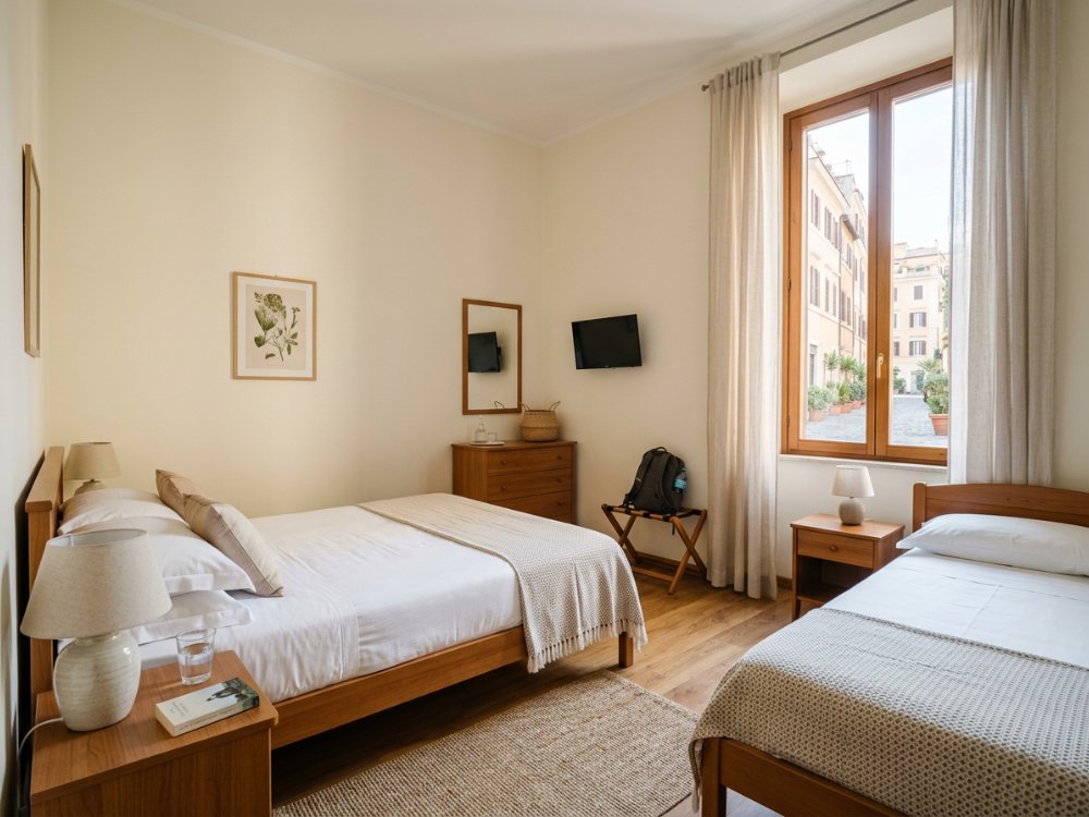 Prosty pokój rodzinny w hotelu w Rzymie. Zdjęcie wygenerowane przez AI.