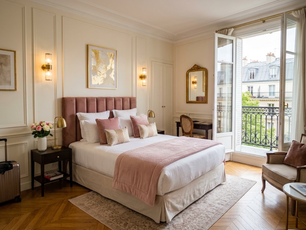 Stylowy pokój w butikowym hotelu w Paryżu. Zdjęcie wygenerowane przez AI.