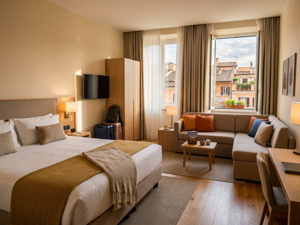 Wygodny pokój w hotelu w Rzymie. Zdjęcie wygenerowane przez AI.