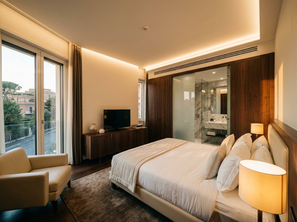 Luksusowy pokój w hotelu w Rzymie. Zdjęcie wygenerowane przez AI.
