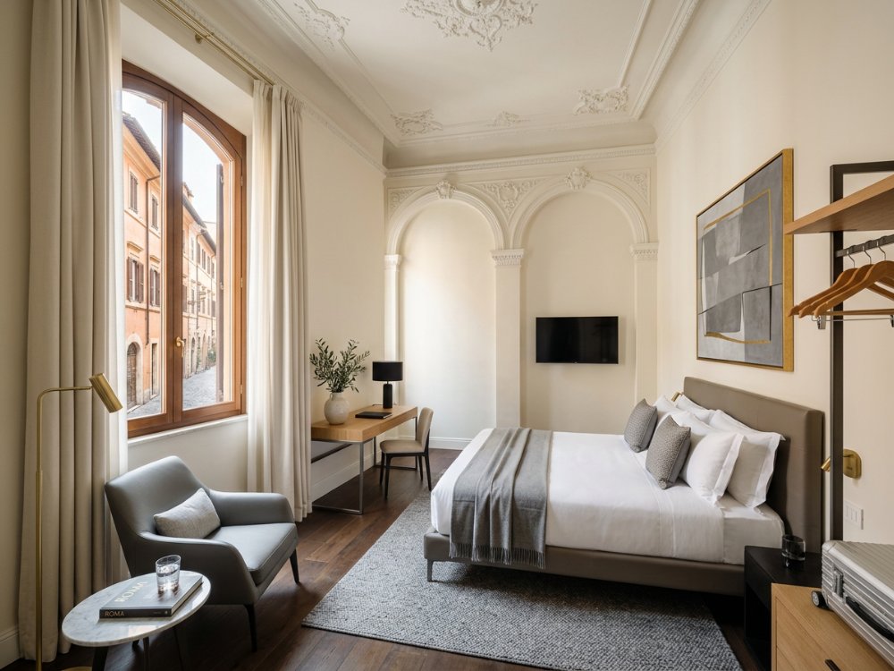 Nowoczesny pokój w butikowym hotelu w Rzymie. Zdjęcie wygenerowane przez AI.