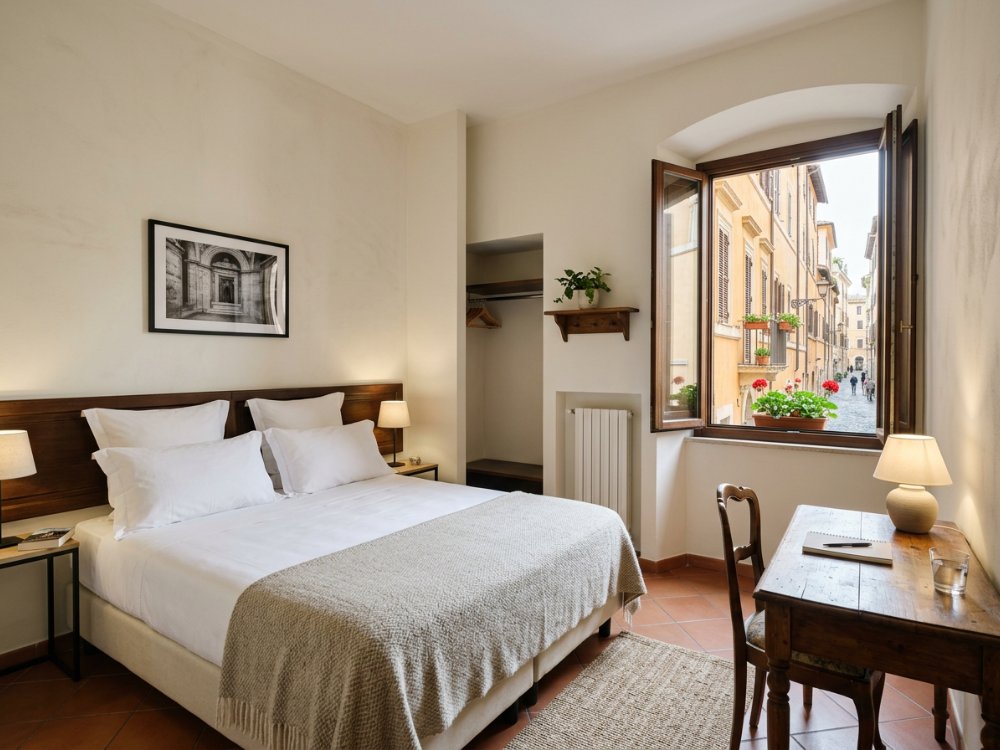 Prosty pokój w hotelu w centrum Rzymu. Zdjęcie wygenerowane przez AI.