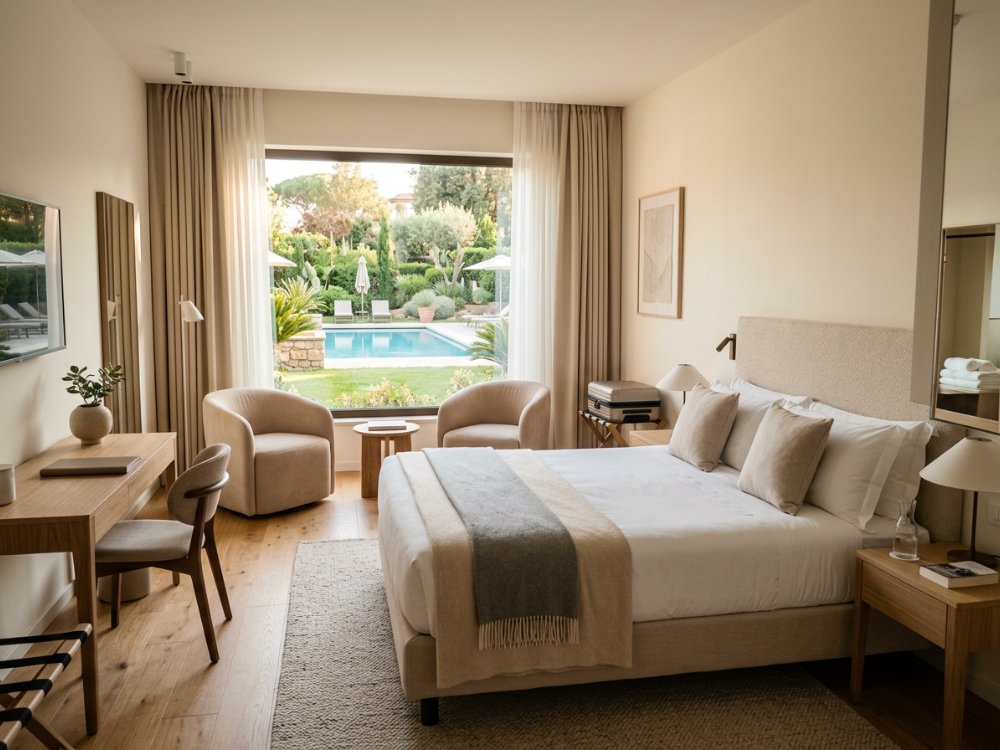 Nowoczesny pokój w hotelu z ogrodem w Rzymie. Zdjęcie wygenerowane przez AI.
