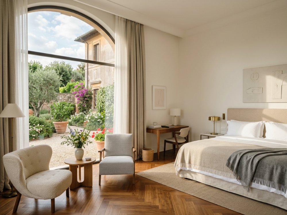 Stylowy pokój w hotelu z ogrodem w Rzymie. Zdjęcie wygenerowane przez AI.
