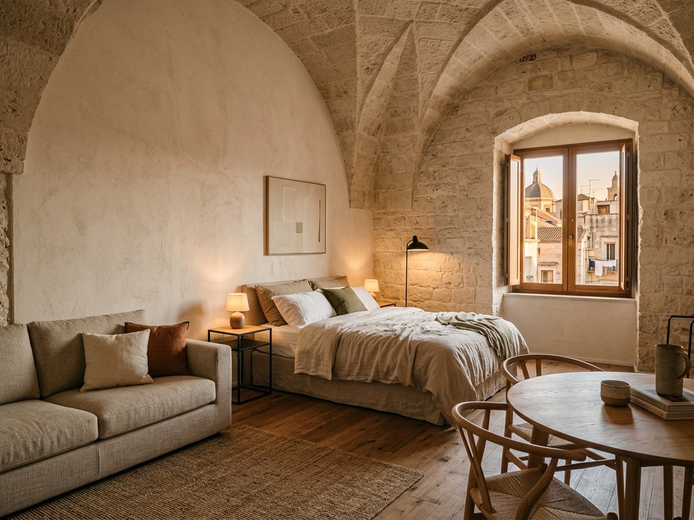 Apartament z kamiennym sklepieniem na starym mieście w Bari. Zdjęcie wygenerowane przez AI.