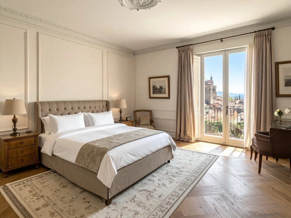 Luksusowy apartament w historycznym pałacu w Albie. Zdjęcie wygenerowane przez AI.