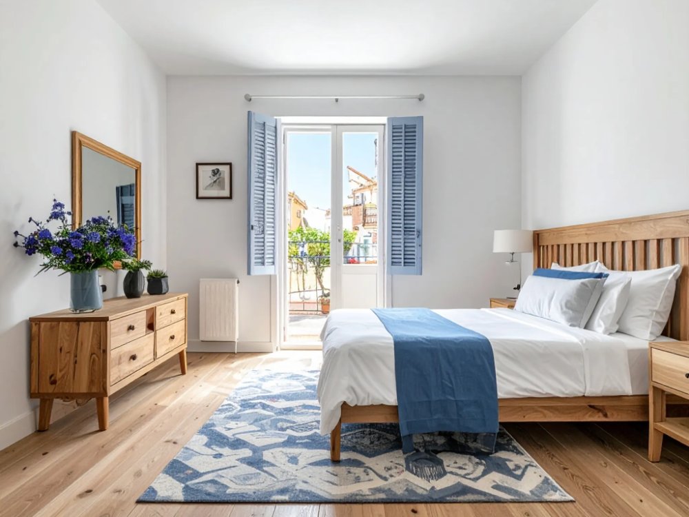 Jasny pokój dwuosobowy w kameralnym hotelu w Antibes. Zdjęcie wygenerowane przez AI.