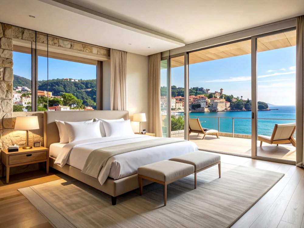 Luksusowy apartament z tarasem i widokiem na morze w Antibes. Zdjęcie wygenerowane przez AI.
