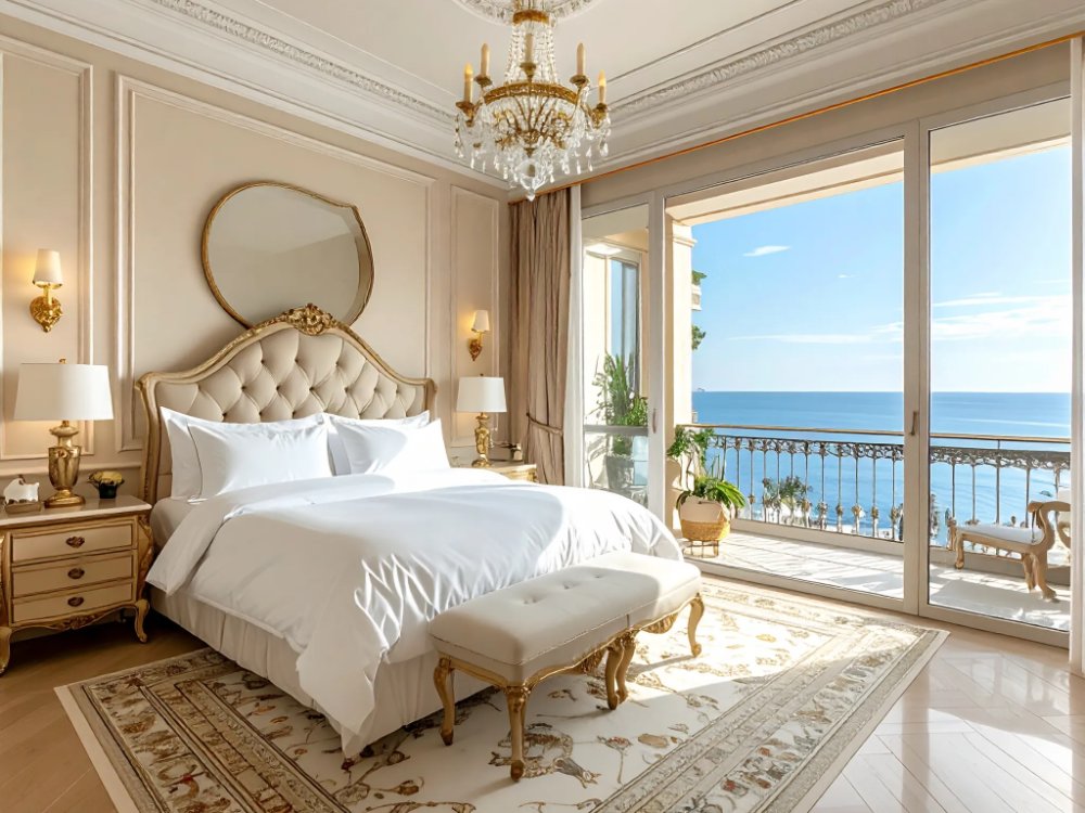 Elegancki pokój z balkonem w hotelu w San Remo. Zdjęcie wygenerowane przez AI.