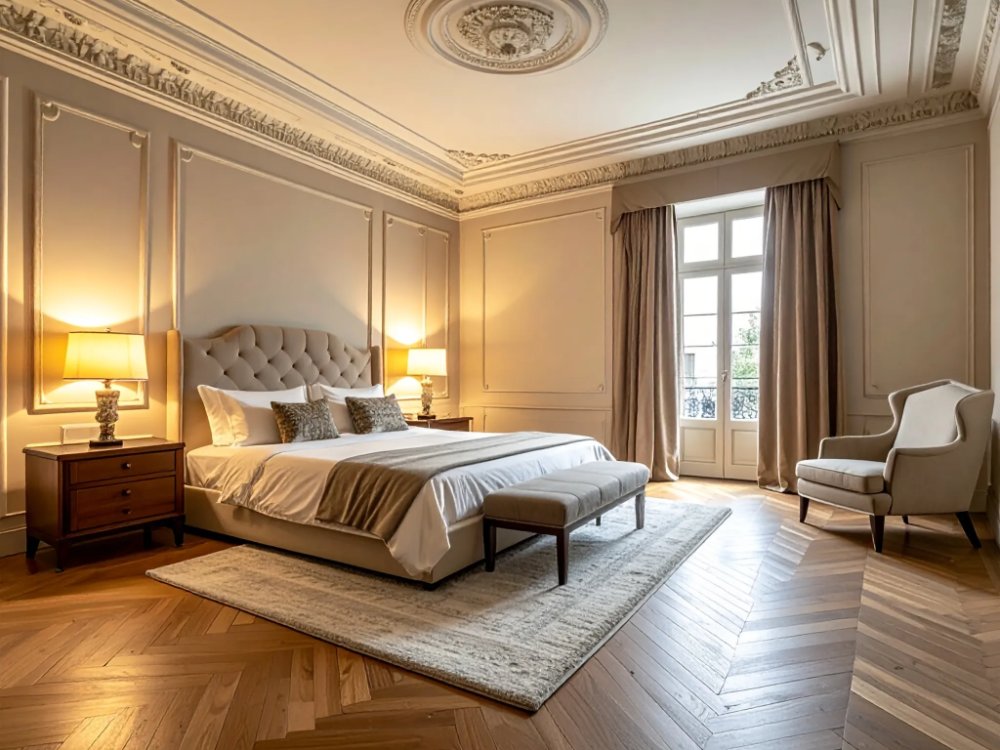 Elegancki pokój w hotelu w XIX-wiecznym pałacu w Turynie. Zdjęcie wygenerowane przez AI.