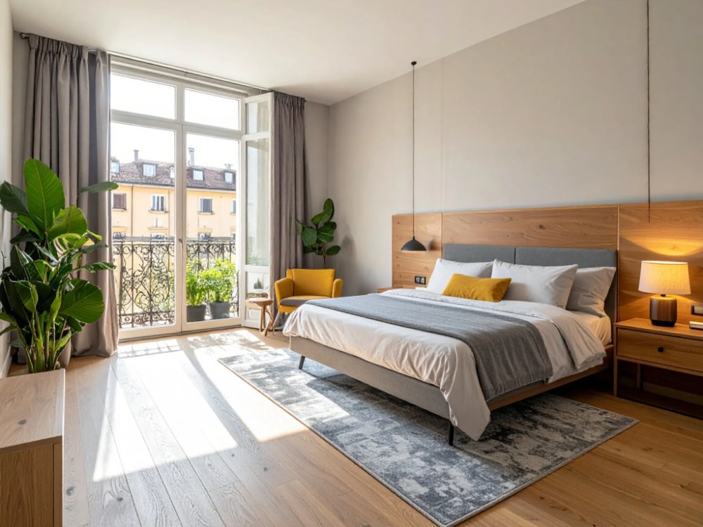 Przytulny pokój z balkonem w hotelu w dzielnicy San Salvario. Zdjęcie wygenerowane przez AI.