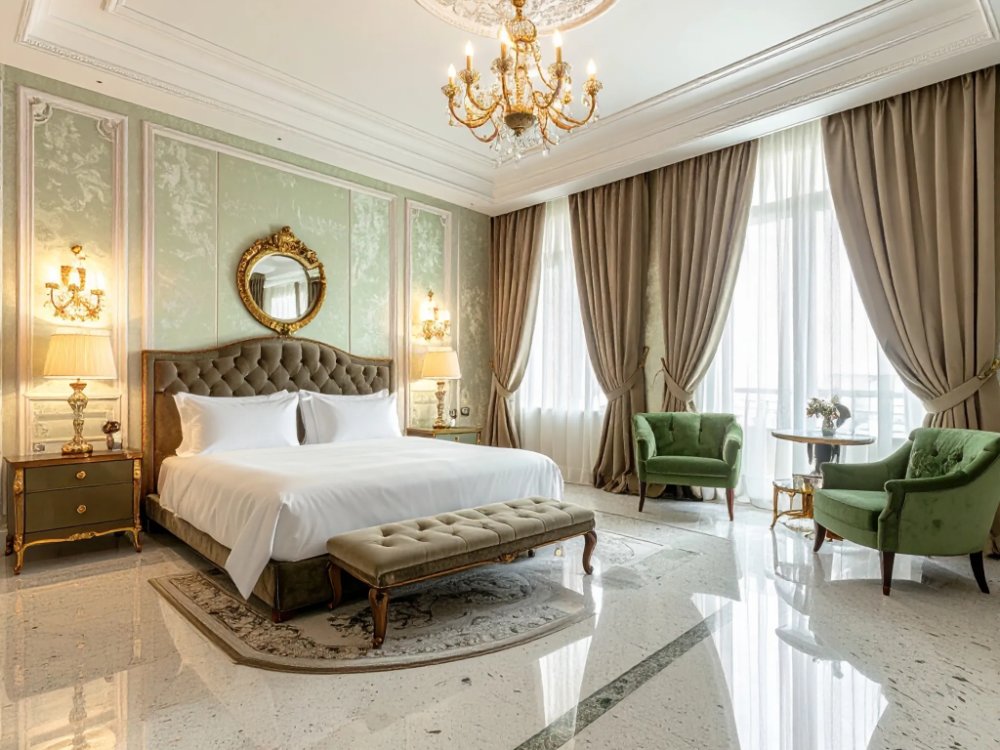 Luksusowy apartament w pałacowym hotelu w Wenecji. Zdjęcie wygenerowane przez AI.